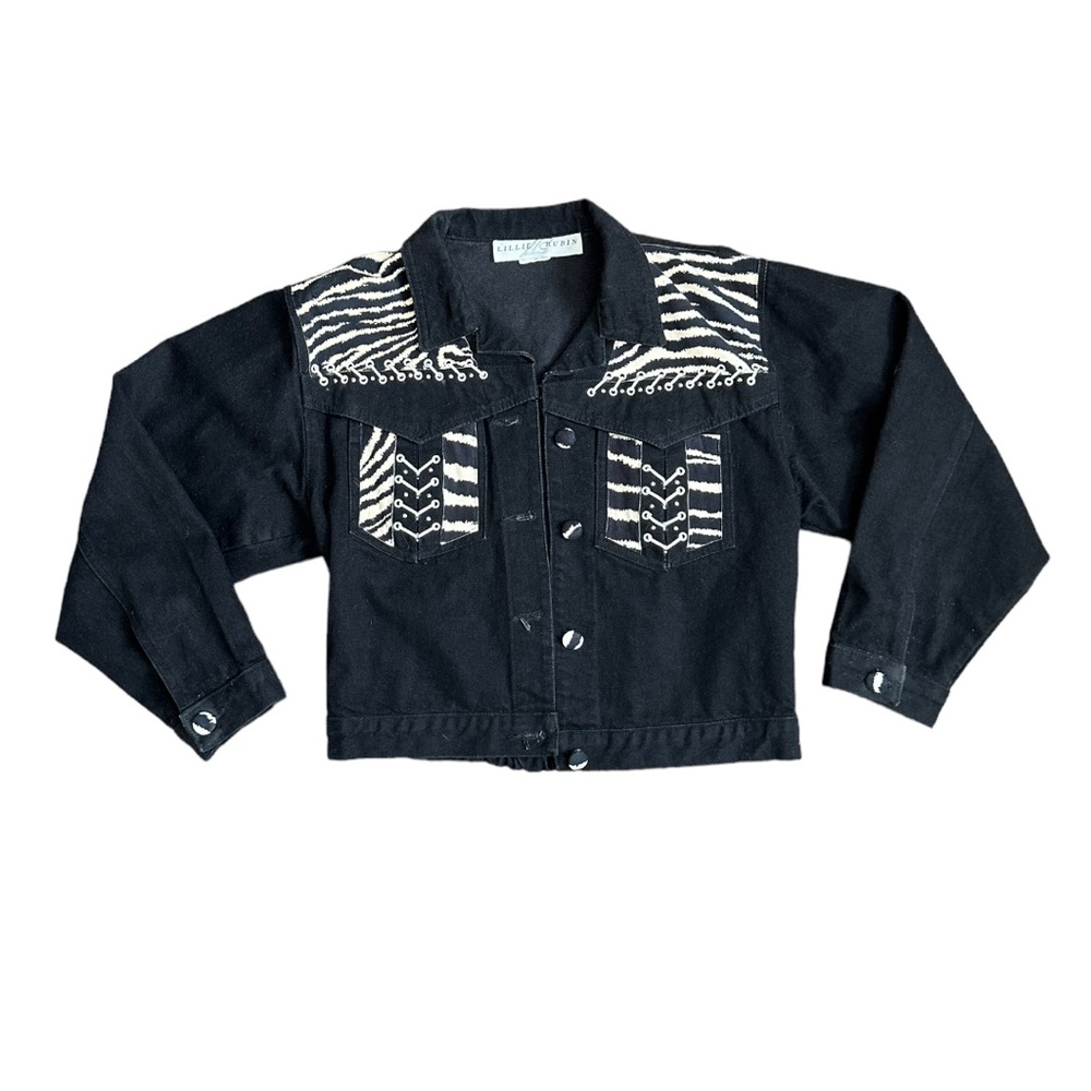 Lillie Rubin Black Jean Jacket and Pants Set with White Zebra Accents - Picture 2 of 13